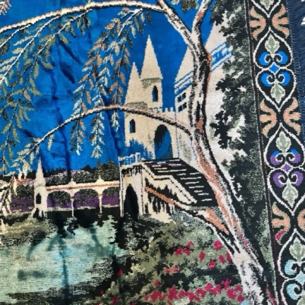 Vintage Large Velvet Elegant Swan Lake and Landscape Tapestry with Fringe